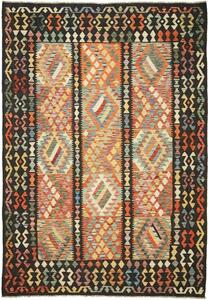 Tappeto Kilim Afghanistan Astratto Multicolore Nero Arancio 203x297 Cm