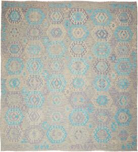 Tappeto Kilim Afghanistan Geometrico Grigio Azzurro Lavanda 262x290 Cm
