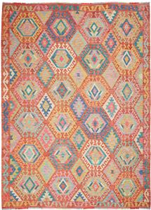 Tappeto Kilim Afghanistan Geometrico Rosso Vivace 207x293 Cm