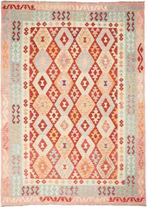 Tappeto Kilim Afghanistan Astratto Rosso Azzurro Beige 208x288 Cm