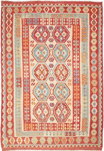 Tappeto Kilim Afghanistan Geometrico Rosso Azzurro 207x299 Cm