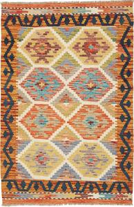 Tappeto Kilim Afghanistan Geometrico Crema Arancione 82x124 Cm
