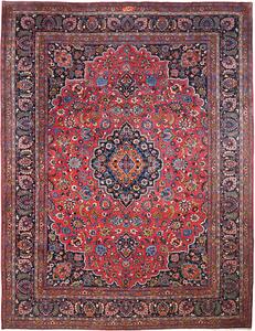 Tappeto Mashad Persia Medaglione Rosso Blu Scuro 302x384 Cm