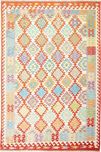 Tappeto Kilim Afghanistan Astratto Arancione Celeste 203x298 Cm