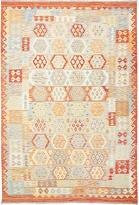 Tappeto Kilim Afghanistan Geometrico Azzurro Arancione Crema 206x300 Cm
