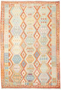 Tappeto Kilim Afghanistan Geometrico Arancio Azzurro Crema 209x302 Cm