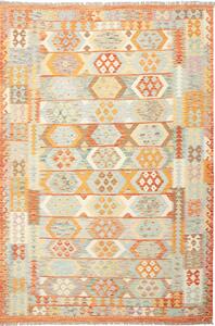 Tappeto Kilim Afghanistan Astratto Arancione Celeste 197x293 Cm