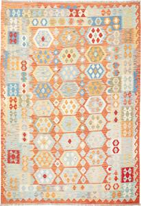 Tappeto Kilim Afghanistan Geometrico Terracotta Azzurro 205x298 Cm