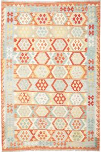 Tappeto Kilim Afghanistan Geometrico Arancio Azzurro 197x291 Cm