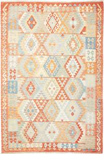 Tappeto Kilim Afghanistan Geometrico Arancione Azzurro 197x290 Cm