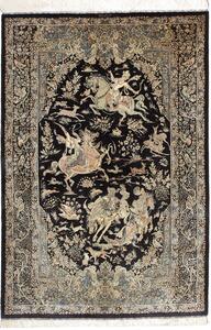 Tappeto Ghom Seta Persia Medaglione Nero Beige 137x202 Cm