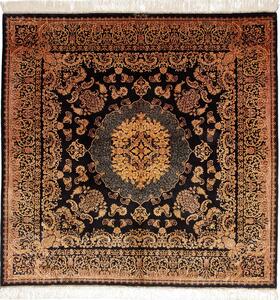 Tappeto Ghom Seta Persia Medaglione Nero Oro 200x200 Cm