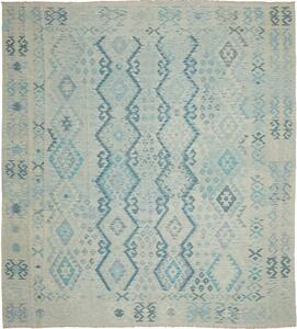 Tappeto Kilim Afghanistan Geometrico Azzurro Turchese 263x289 Cm