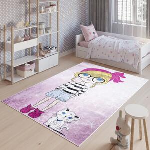 Tappeto per bambini per la camera di una bambina con una signorina e un gatto Larghezza: 80 cm | Lunghezza: 150 cm