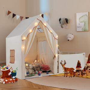 Costway Tenda da gioco per bambini 2 in 1 con recinto e giardino casa gioco, Tenda gioco con luci a stelle e tappetino in cotone lavabile Beige