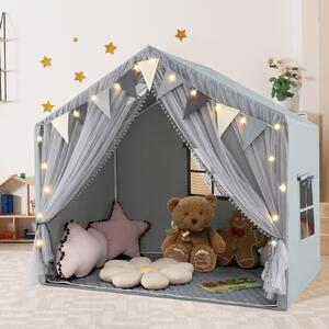 Costway Tenda da gioco per bambini con tende in tessuto e rete luci a stella materassino in cotone, Grande casa da gioco Grigio