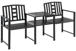 Outsunny Panchina da Giardino Moderna 2 Posti con Tavolino e Foro per Ombrellone Arredamento da Esterno 165x56x85.5cm Nero|Aosom