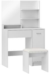 HOMCOM Toeletta Trucco con Specchio e Sgabello, Cassetto, Armadietto e Ripiani in Legno, Bianco