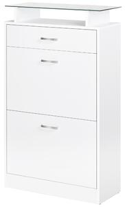 HOMCOM Scarpiera Moderno con 2 Ante ribaltabili a 2 Livelli e Cassetto, in Legno con ripiano superiore in vetro, 60x24x105.5cm, Bianco|Aosom Italy