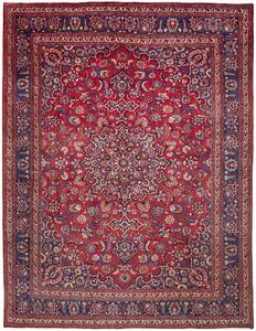 Tappeto Mashad Persia Medaglione Rosso Blu Scuro 290x375 Cm