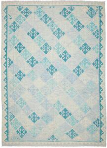 Tappeto Kilim Afghanistan Astratto Azzurro Turchese Bianco 250x349 Cm