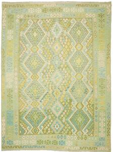 Tappeto Kilim Afghanistan Geometrico Verde Azzurro 256x340 Cm