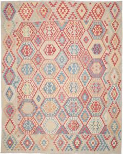 Tappeto Kilim Afghanistan Geometrico Beige Rosso Azzurro 267x340 Cm