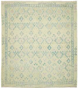 Tappeto Kilim Afghanistan Geometrico Crema Turchese 262x293 Cm