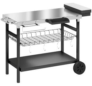Outsunny Carrello Barbecue da Esterno con Piano in Acciaio Inossidabile, Porta Spezie, Ganci e Maniglia Laterale, Nero | Aosom Italy