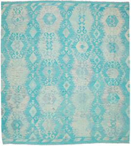 Tappeto Kilim Afghanistan Geometrico Turchese Crema 253x284 Cm