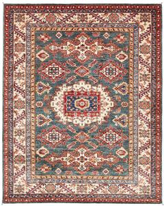 Tappeto Kazak Fine Pakistan Medaglione Blu Petrolio Rosso 153x191 Cm