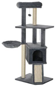 Albero Tiragraffi per Gatti 48x40x127 cm con Rampa Cesto Cuccia Amaca Pali Graffiatoi in Sisal Grigio