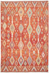 Tappeto Kilim Afghanistan Geometrico Arancio Azzurro 197x299 Cm
