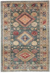 Tappeto Kazak Fine Pakistan Astratto Verde Petrolio Rosso 102x148 Cm