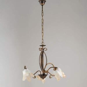 Lampadario Rustico 3 Luci Ferro Marrone E Oro E Vetro Ambra Serie Forgiato