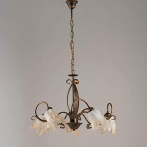 Lampadario Rustico 5 Luci Ferro Marrone E Oro E Vetro Ambra Serie Forgiato