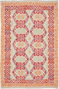 Tappeto Kilim Afghanistan Astratto Beige Rosso 127x189 Cm