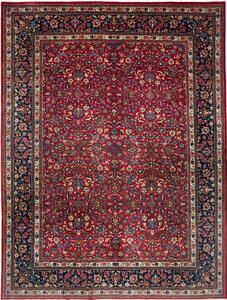 Tappeto Mashad Persia Floreale Rosso Blu Scuro 304x395 Cm