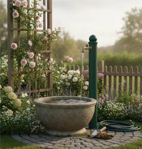 Fontana da Giardino con Rubinetto Stile Romantico Dimensioni 16x30xh107 cm - peso 5,5kg con tubo rubinetto, Garantita contro la ruggine Colore verde