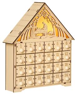 HOMCOM Calendario dell'Avvento in Legno con 24 Cassetti, Decorazione Natalizia con Presepe Intagliato e Luci, 26.6x6x30cm