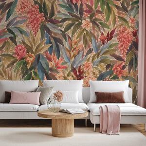 Carta da parati autoadesiva – Fiori tropicali e foglie colorate