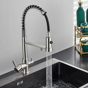 Rubinetto da cucina per acqua filtrata - Miscelatore a due manopole - Caldo/freddo, per acqua potabile, doccetta estraibile, acciaio inossidabile, cartuccia in Vetroceramica - Nichel spazzolato