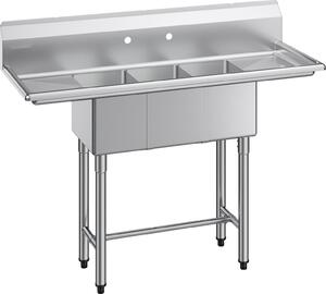 Lavello professionale in acciaio inox - Lavello da cucina a 3 vasche - 2 sgocciolatoi - Con paraspruzzi - 1372 x 508 x 1097 mm - Per furgoni gastronomici e ristorazione - Argento