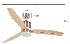 HOMCOM Ventilatore da Soffitto con Luce LED Bianca a 6 Velocità e Timer, in Metallo e Acrilico, Ø132 x 43A cm