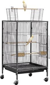 Gabbia per uccelli - Voliera per uccelli 46 x 46 x 77 cm - Tetto apribile - Ferro battuto - Con posatoi e ciotole per l'alimentazione (plastica) - Con rotelle - Per pappagalli, cocorite, canarini