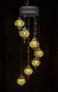Lampada a sospensione in vetro verde e argento con mosaico orientale, 7 sfere, realizzata a mano in Turchia, lunghezza 155 cm