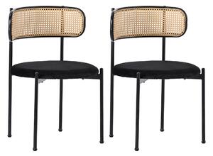 Set 2 sedie da pranzo in tessuto effetto velluto con Gambe in Metallo e Schienale in Rattan, 60x18x86 cm, Nero