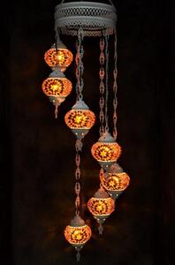 Lampada a sospensione in vetro colorato dai toni pastello con mosaico orientale, a 7 globi, realizzata a mano in Turchia, bianco crema