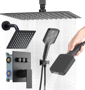 Set sistema doccia - Doccia a pioggia - Soffione da 30 cm - Soffione da parete da 15 cm - Doccetta 4 in 1 - Doppio soffione a pioggia (3 funzioni) - Valvola in ottone e set di rivestimenti - Nero opaco