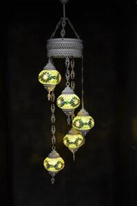 Lampada a sospensione con mosaico in vetro verde colorato, 5 sfere, lampada da soffitto marocchina turco-orientale bianco crema